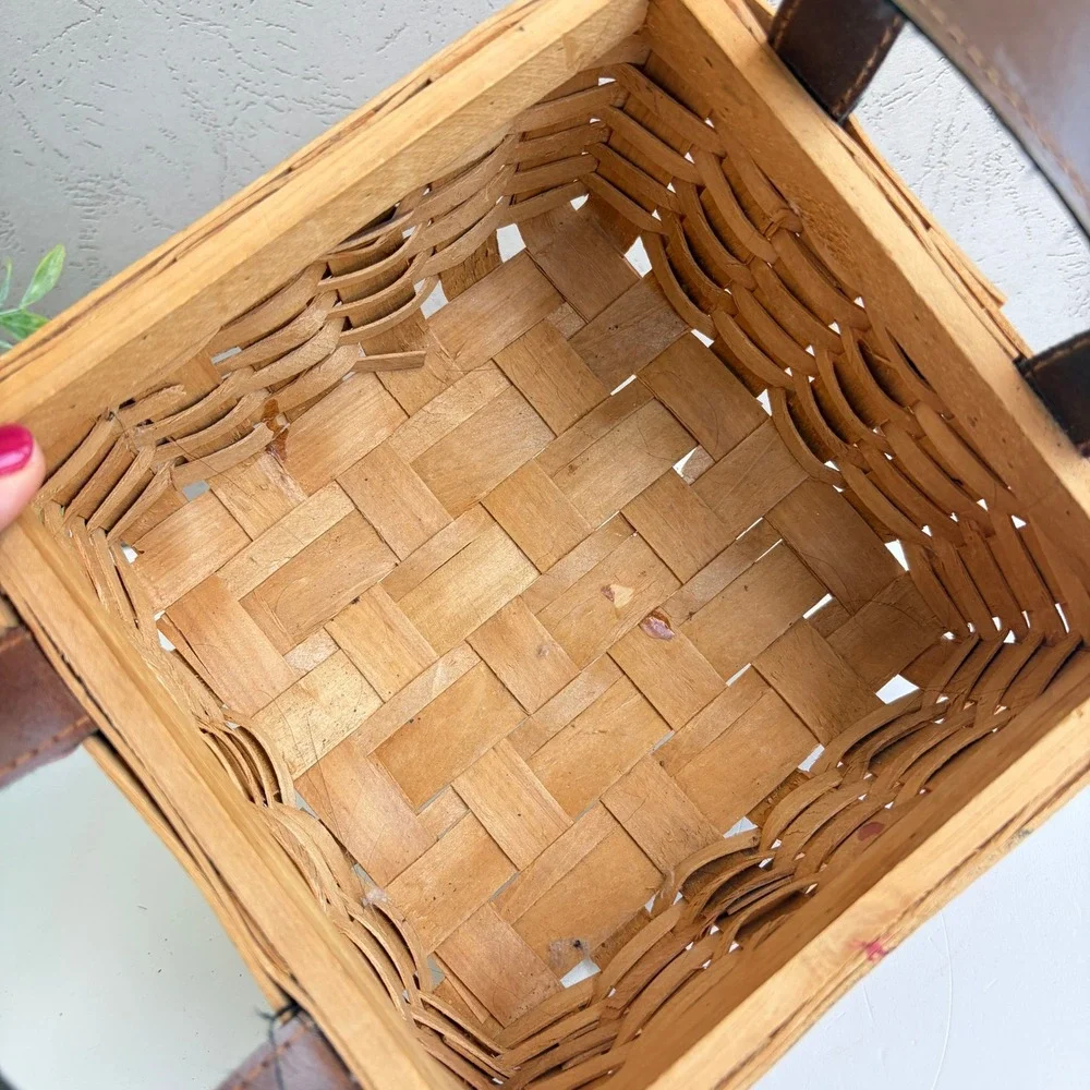 Vintage Woven Wood Square Basket with Brown Faux Leather Handles Farmhouse Decor